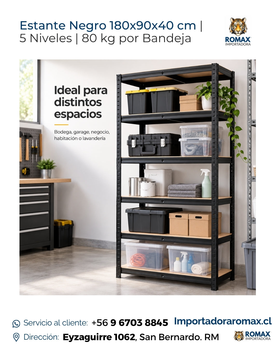 Estante Metálico Negro 5 Niveles 180x90x40 cm | 80 kg por Bandeja