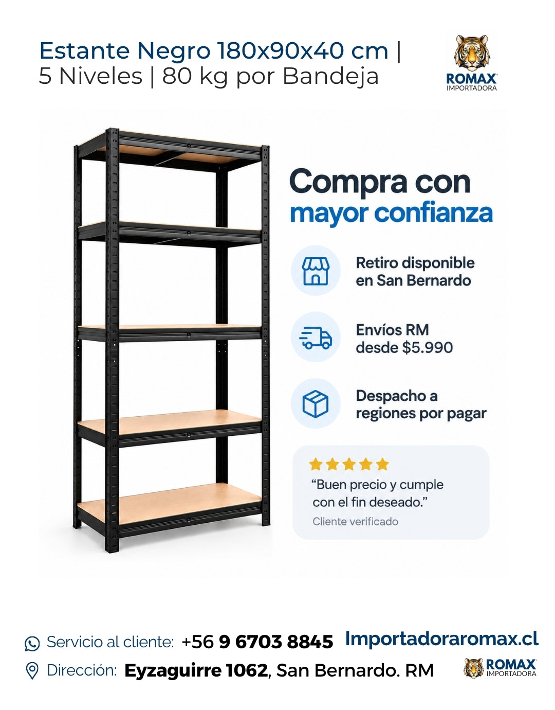Estante Metálico Negro 5 Niveles 180x90x40 cm | 80 kg por Bandeja