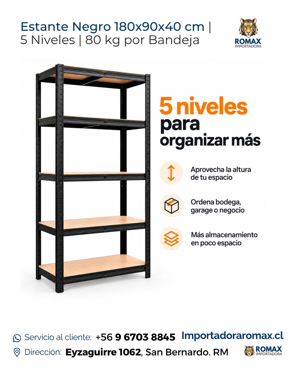 Estante negro 180x90x40 cm de cinco niveles para organizar bodegas y negocios