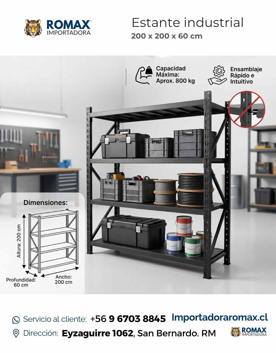 Estante Rack Industrial Metálico Negro 200 x 200 x 60 cm