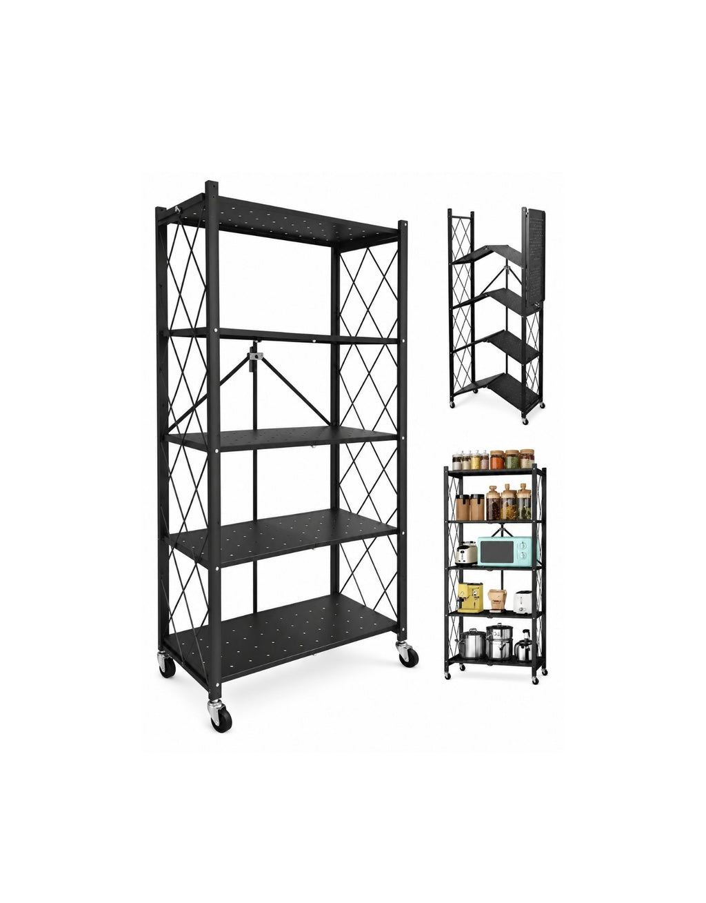 Estante Negro Plegable 162x72x34 cm | 5 Niveles | Con Ruedas