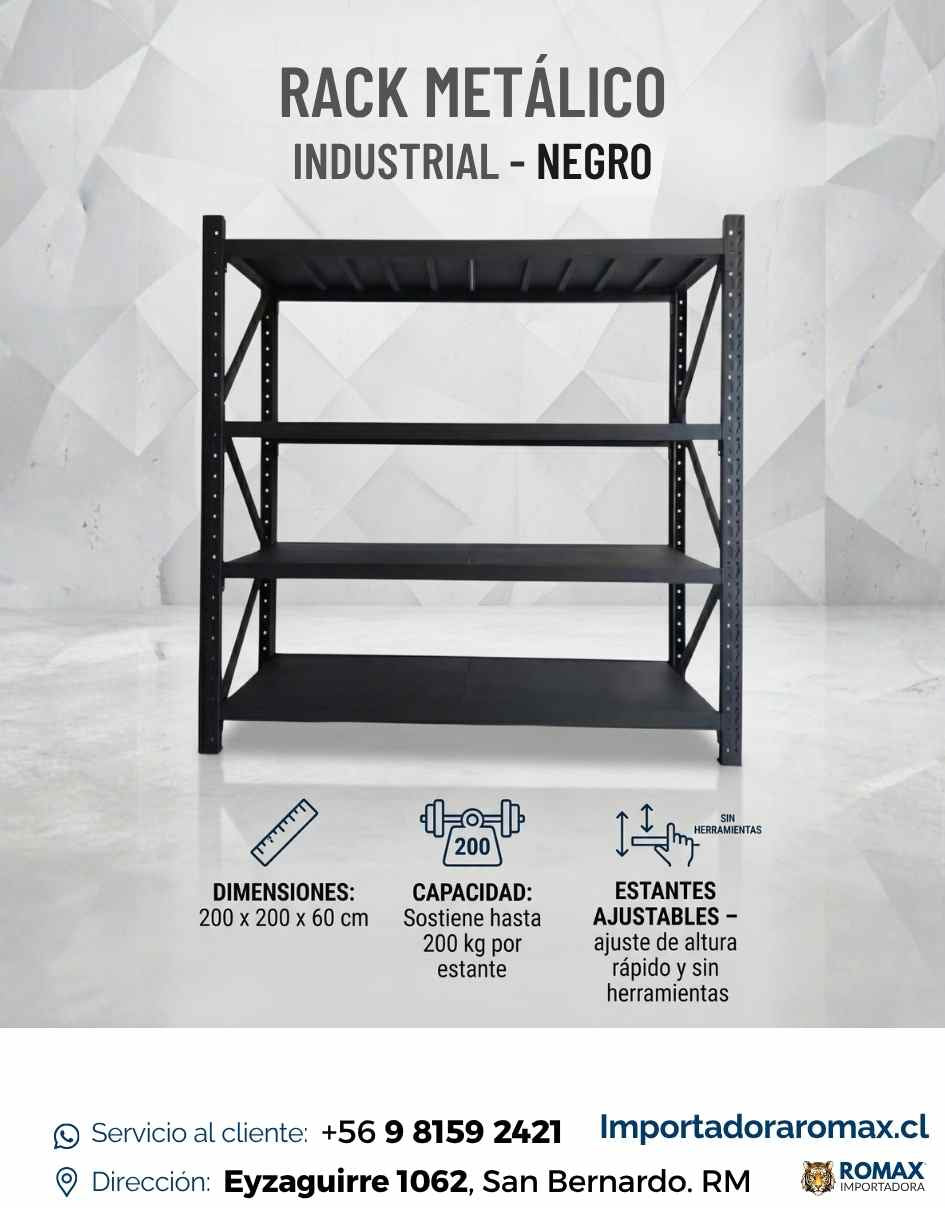 Estante Rack Industrial Metálico Negro 200 x 200 x 60 cm
