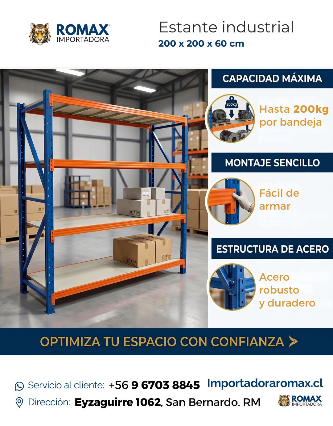 Estante Industrial 200x200x60 cm | 800 kg | Naranjo-Azul Heavy Duty