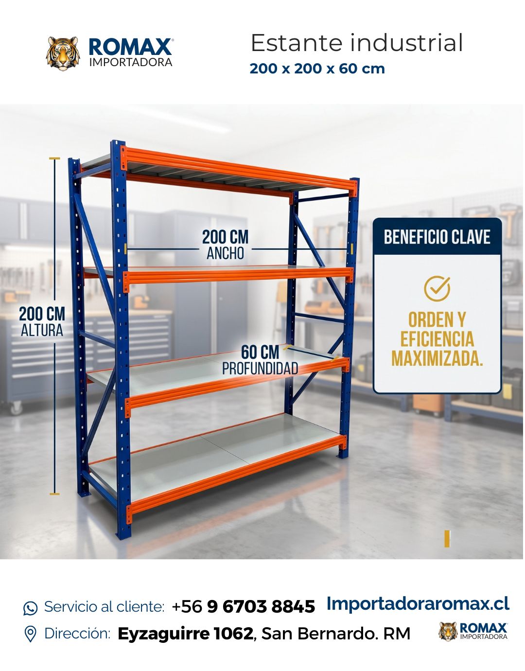 Estante Industrial 200x200x60 cm | 800 kg | Naranjo-Azul Heavy Duty