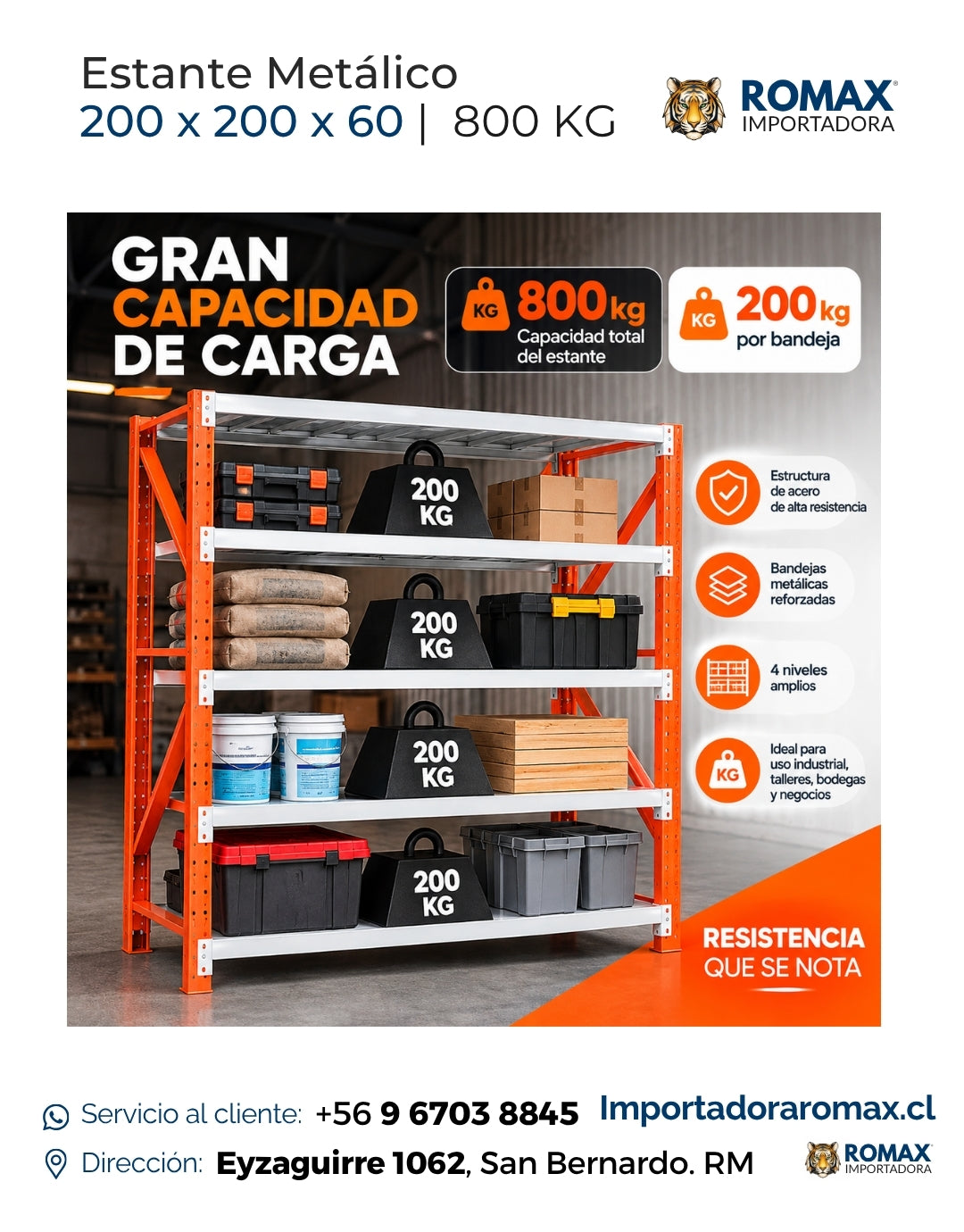 Rack Metálico industrial 200×200×60 cm | Naranjo | 800 kg