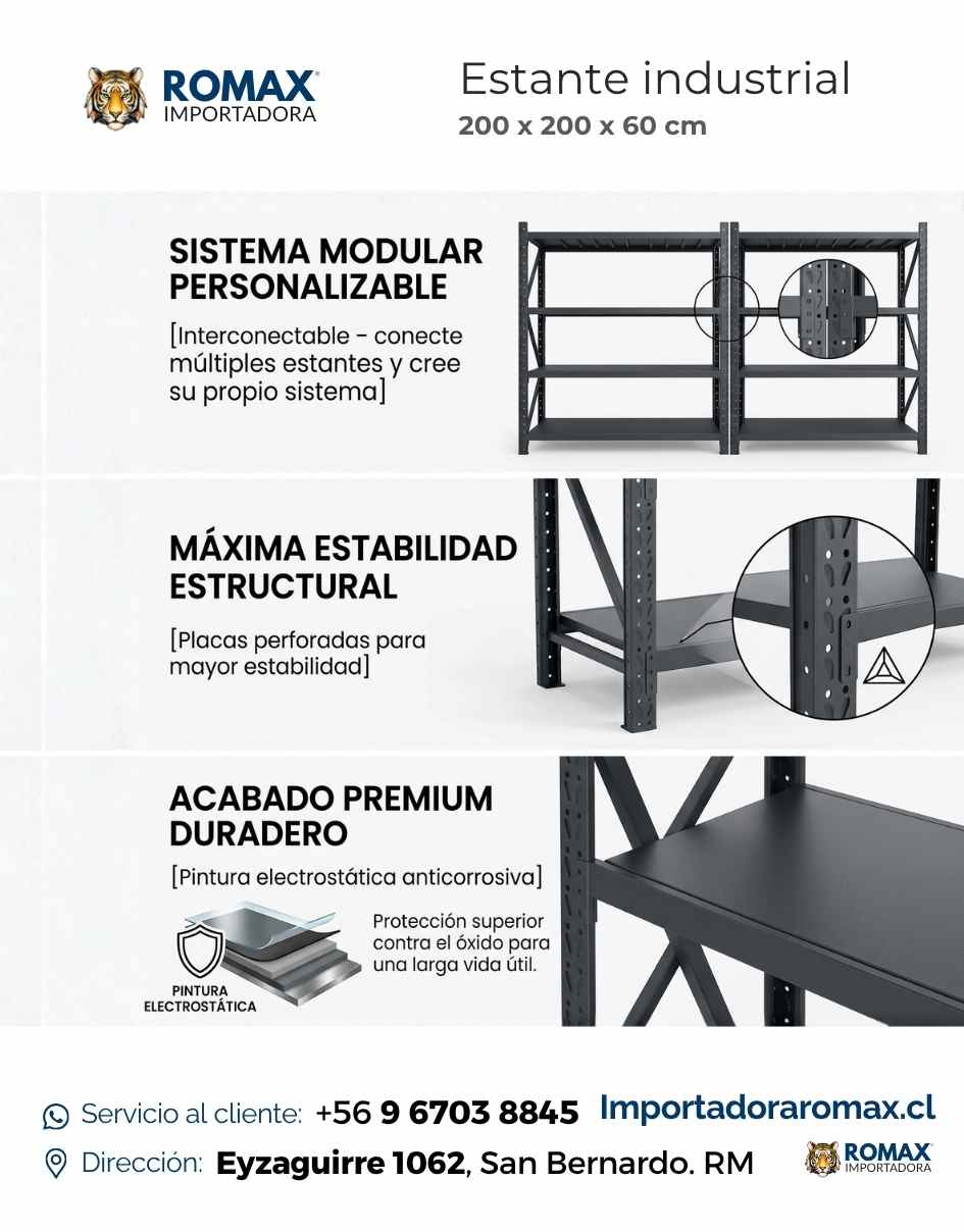 Estante Rack Industrial Metálico Negro 200 x 200 x 60 cm