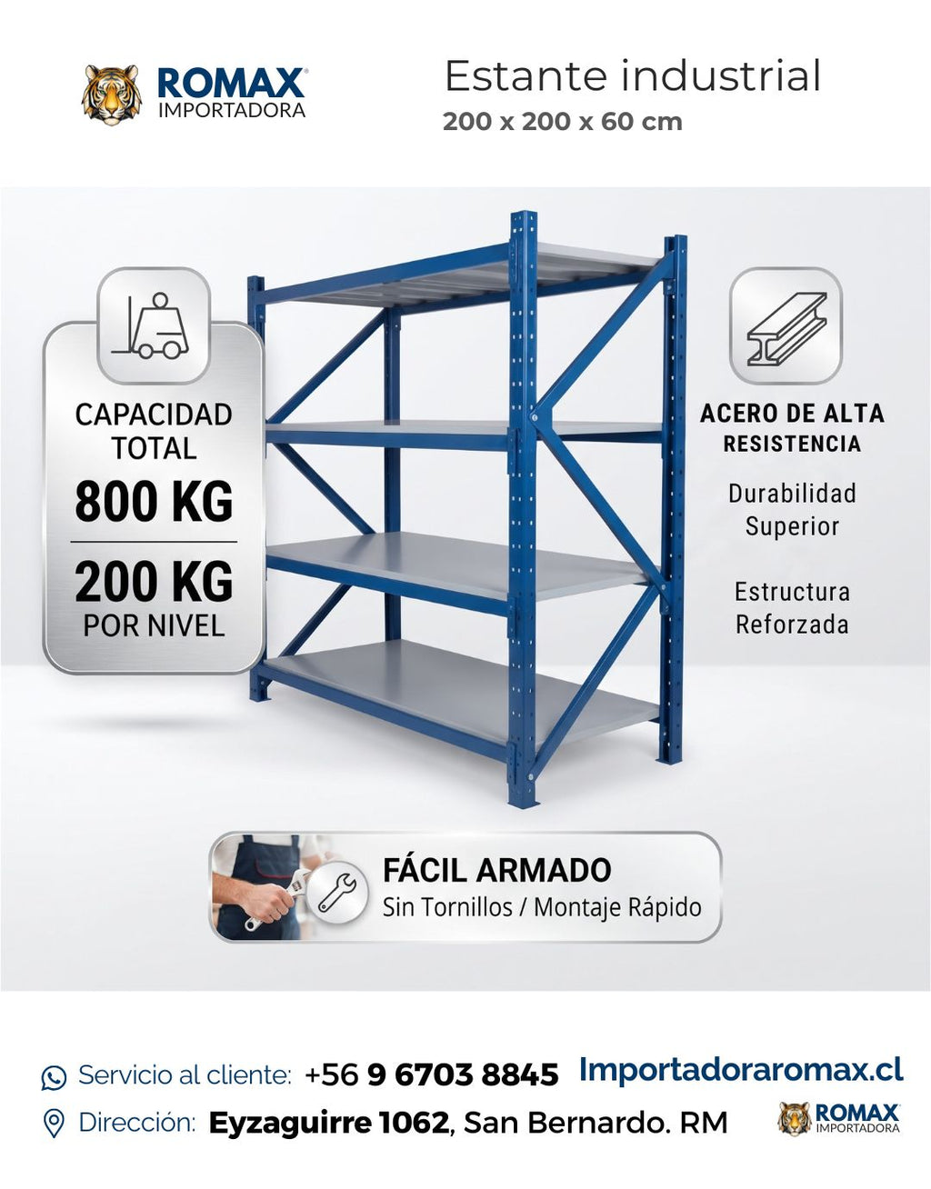 Estante Industrial Metálico Azul 200x200x60 cm | Resistencia de 800 Kg