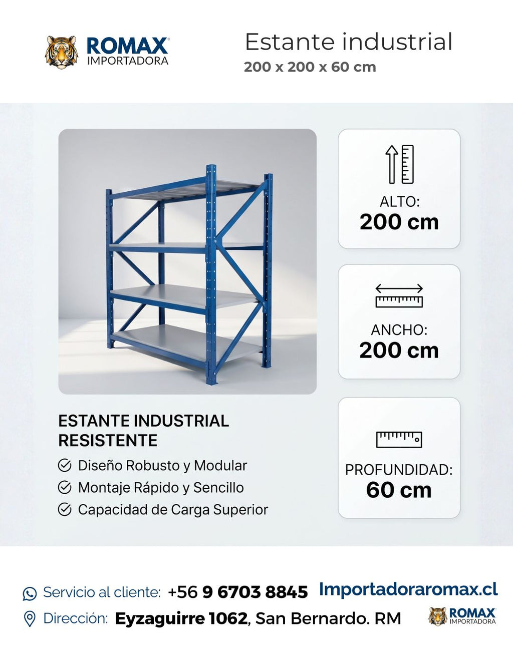 Estante Industrial Metálico Azul 200x200x60 cm | Resistencia de 800 Kg