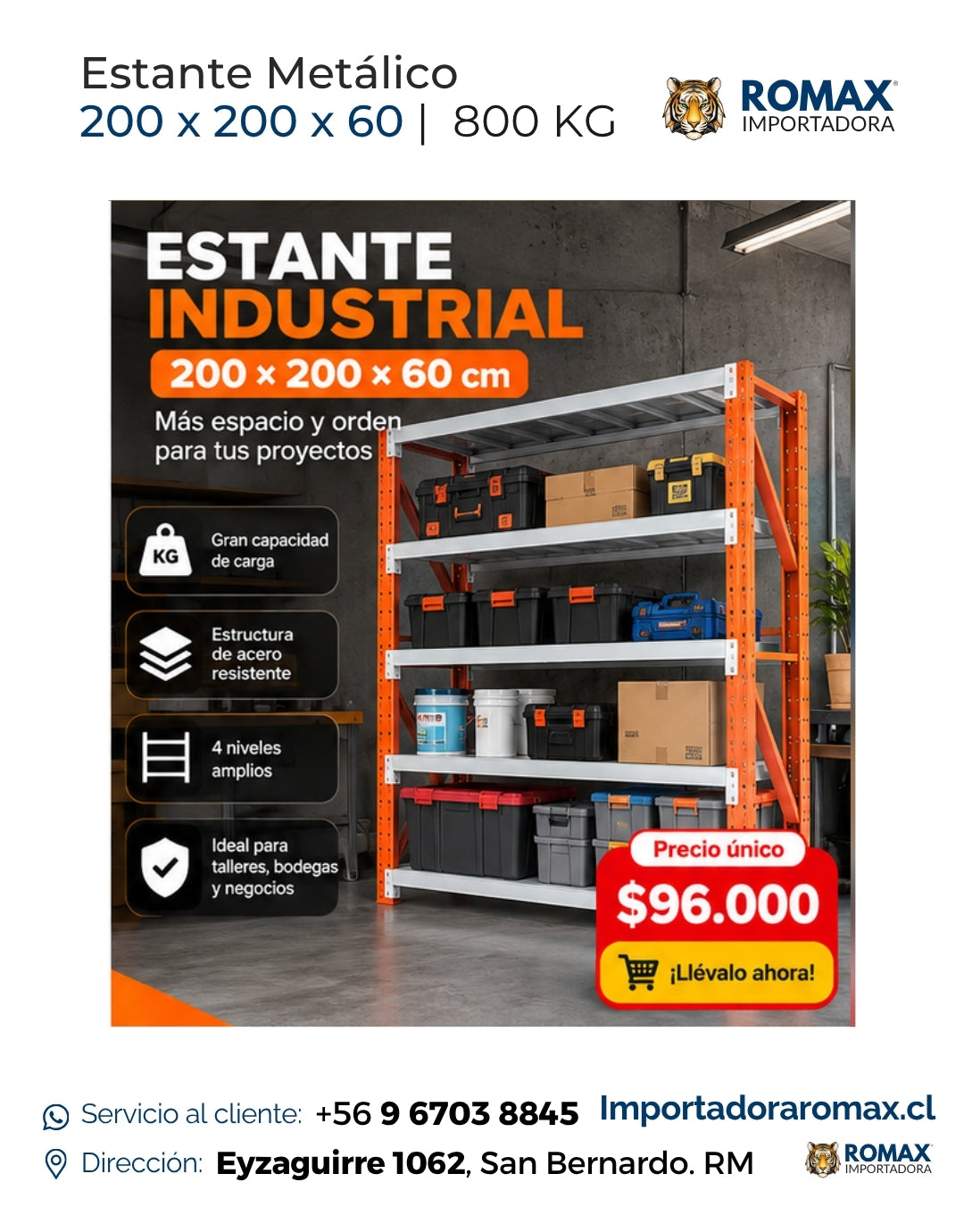 Rack Metálico industrial 200×200×60 cm | Naranjo | 800 kg