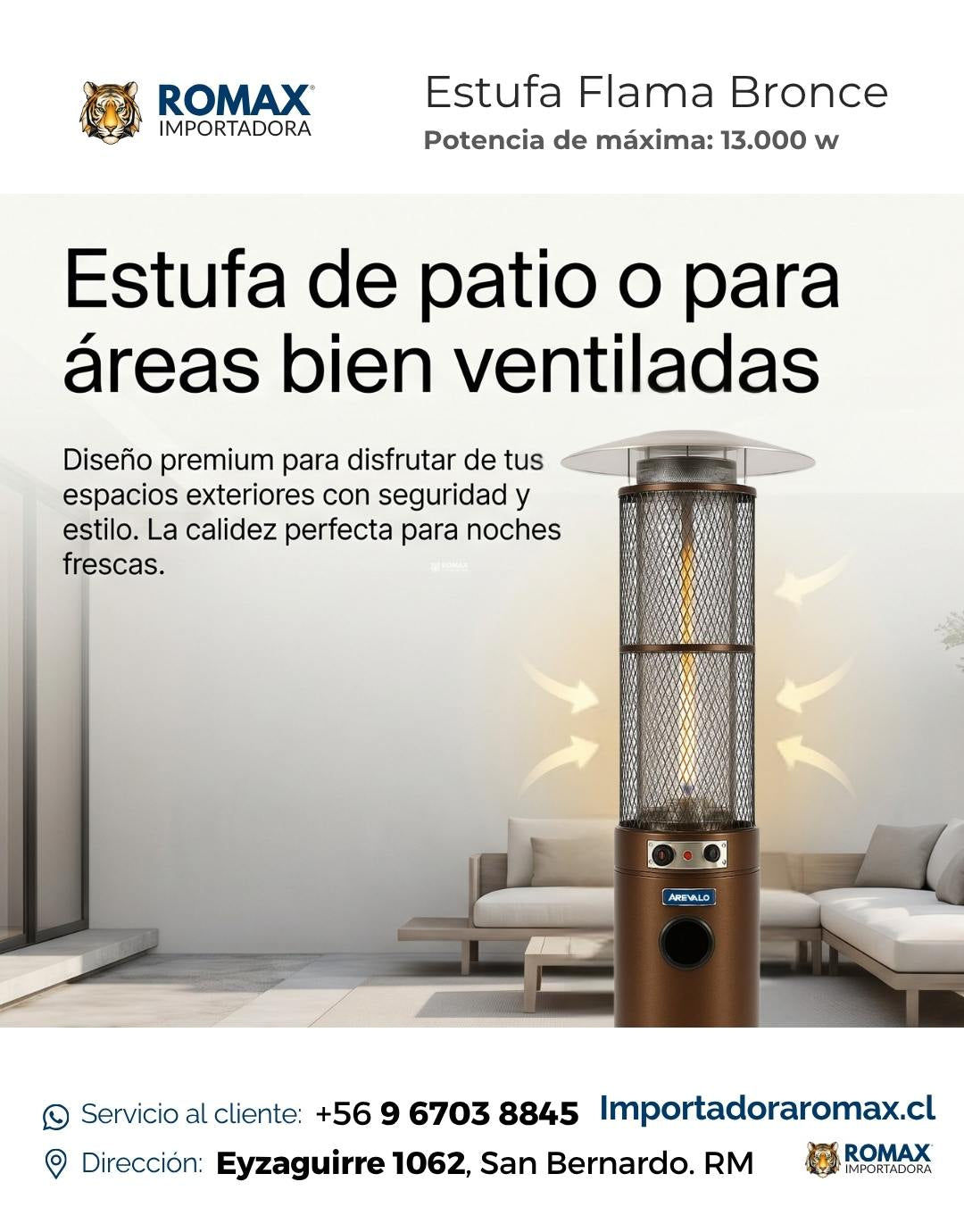 Estufa Flama Bronce 13 kW para Terraza y Quincho