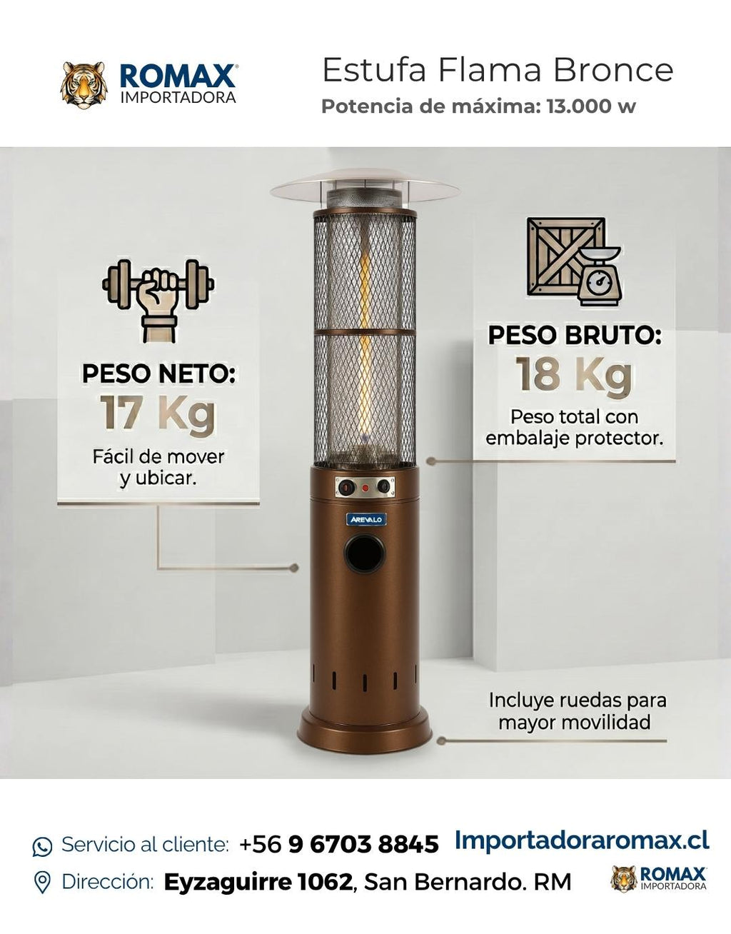Estufa Flama Bronce 13 kW para Terraza y Quincho