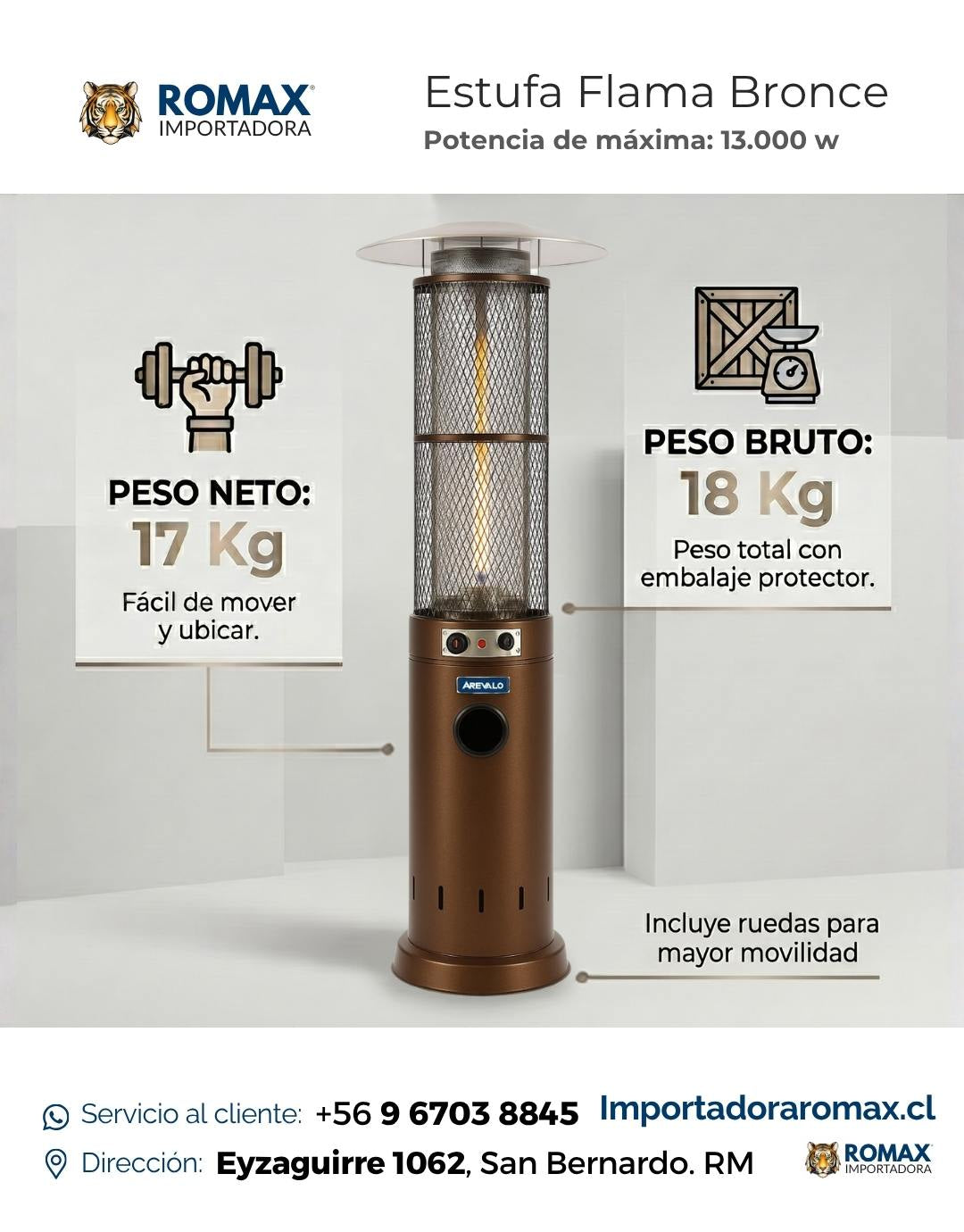 Estufa Flama Bronce 13 kW para Terraza y Quincho