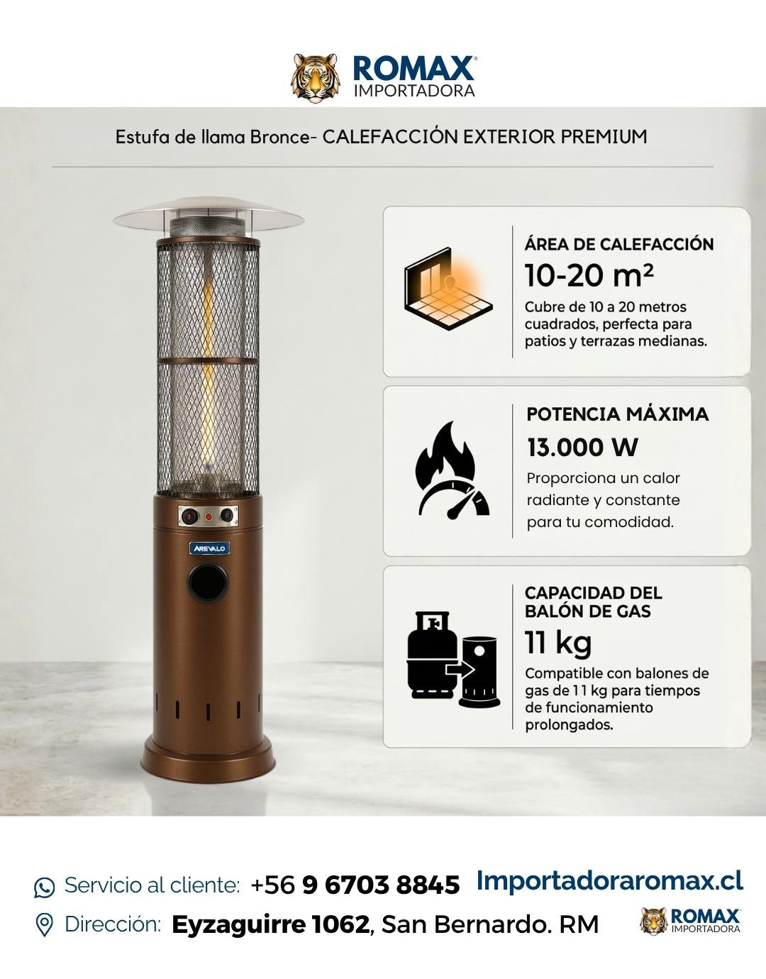 Estufa Flama Bronce 13 kW para Terraza y Quincho