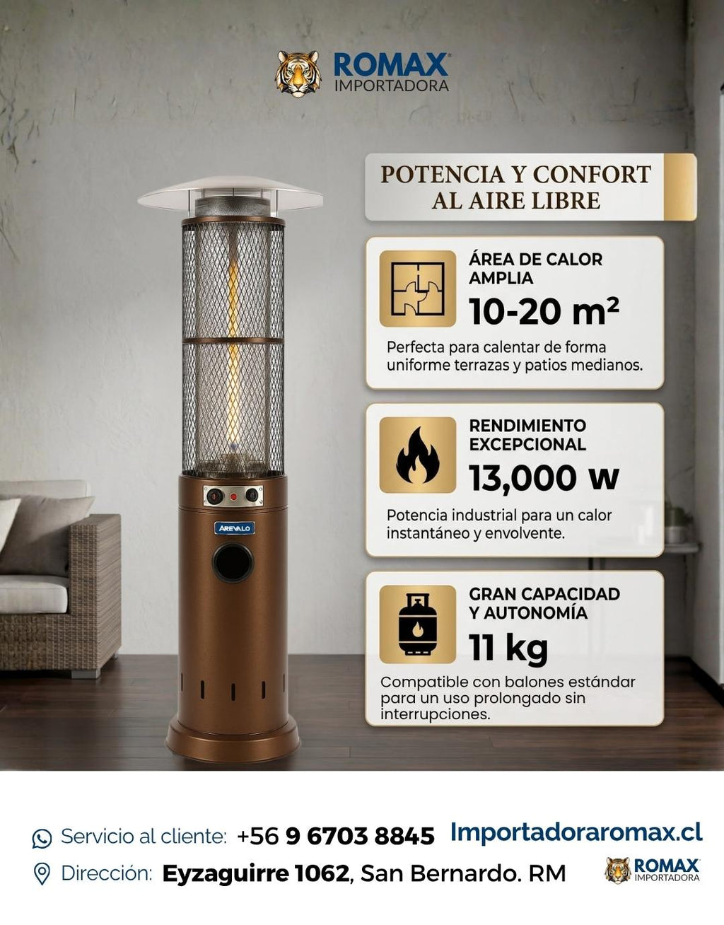 Estufa Flama Bronce 13 kW para Terraza y Quincho