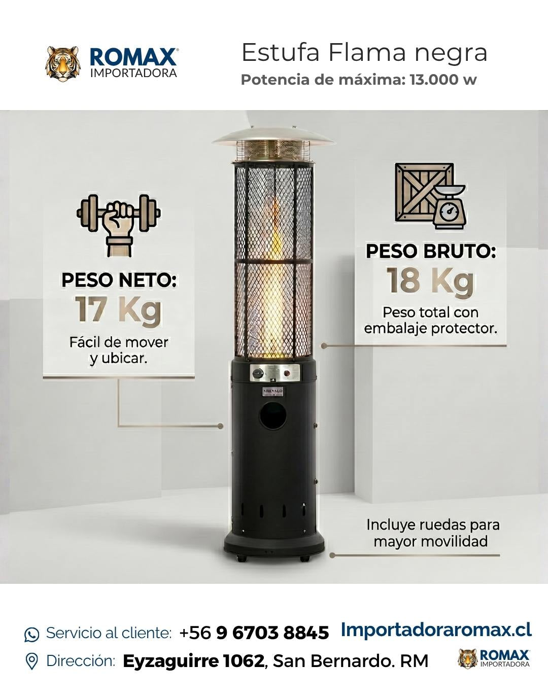 Estufa Flama Negra 13 kW para Terraza y Quincho