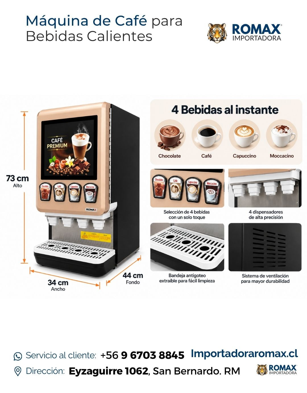 Máquina de Café Bebidas Calientes 4 Contenedores Independientes 220V | Romax Chile