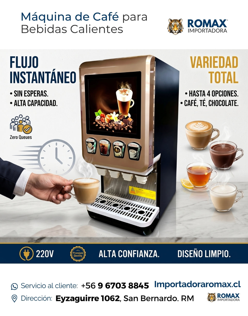Máquina de café comercial 4 contenedores vista frontal panel LED – Romax Chile