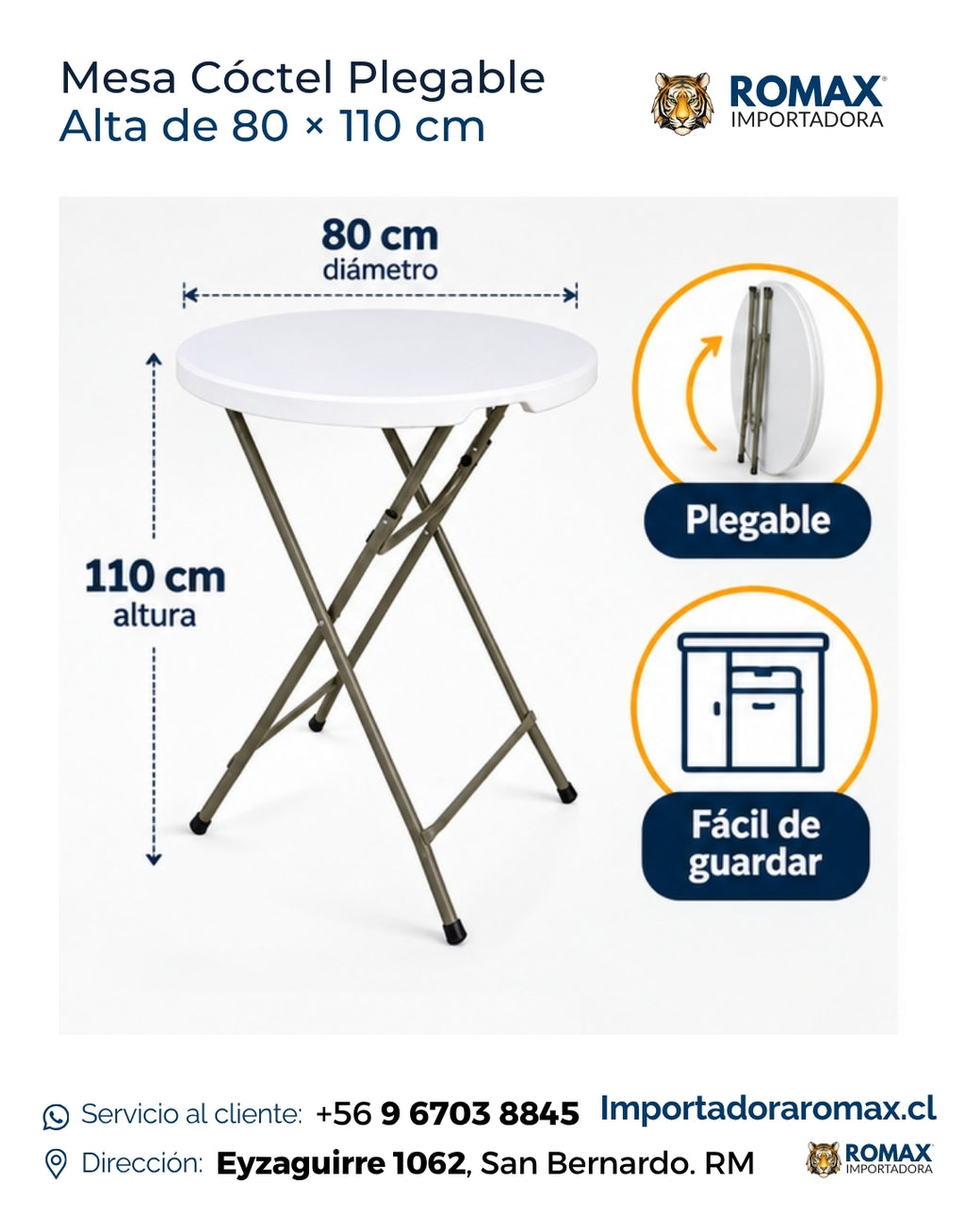 Mesa Cóctel Alta Plegable HDPE Blanca 80 × 110 cm