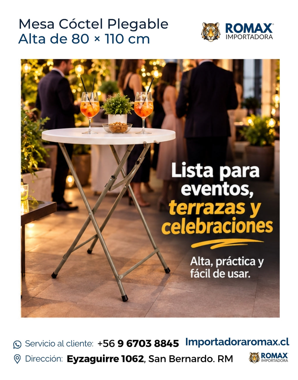 Mesa Cóctel Alta Plegable HDPE Blanca 80 × 110 cm