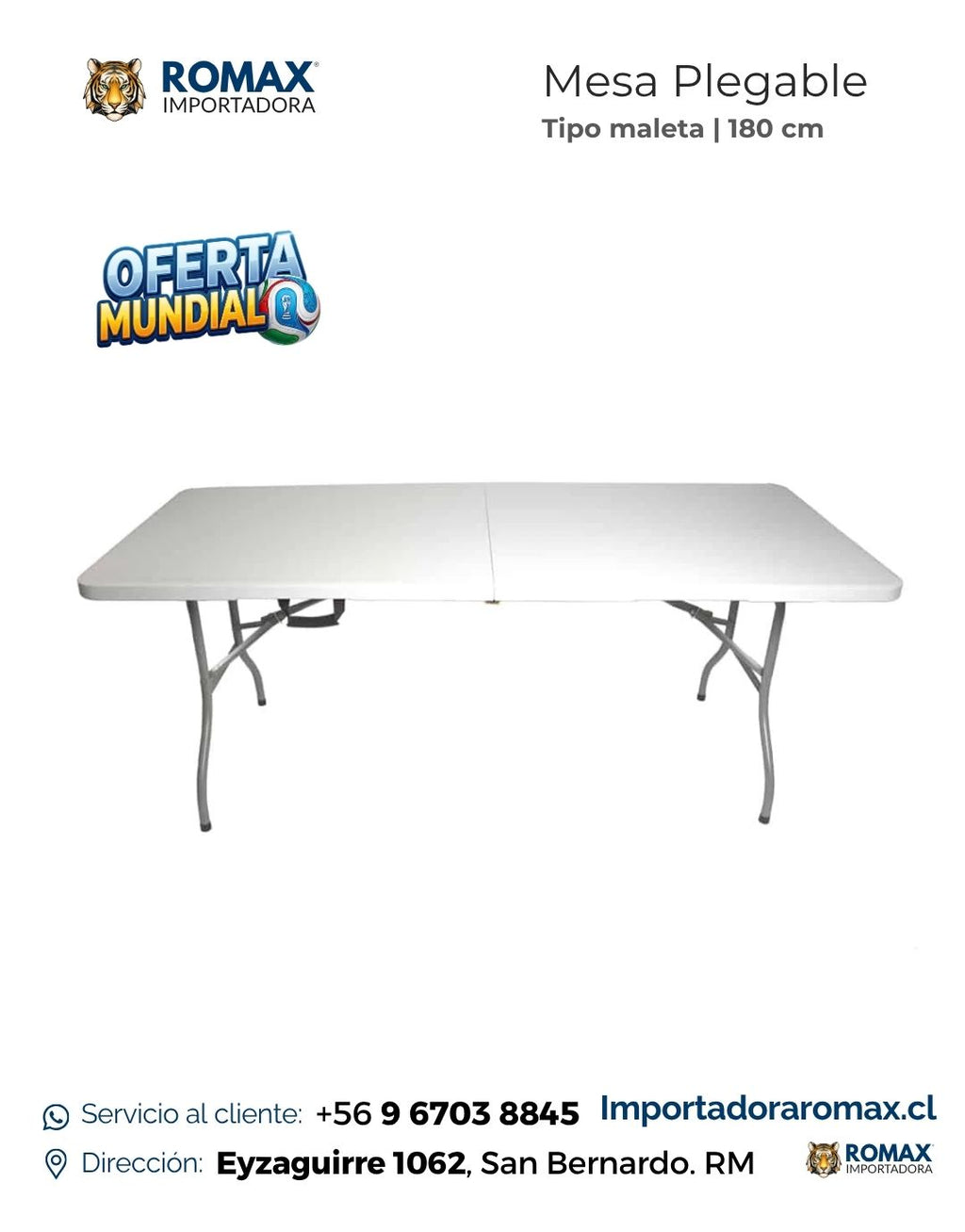 Mesa Plegable Blanca 180 cm – Portátil para Eventos y Camping