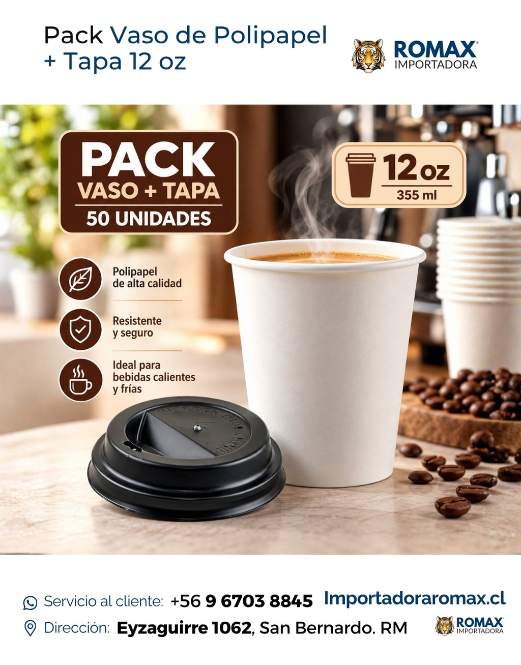 Pack Vaso de Polipapel + Tapa 12 oz | 50 Unidades