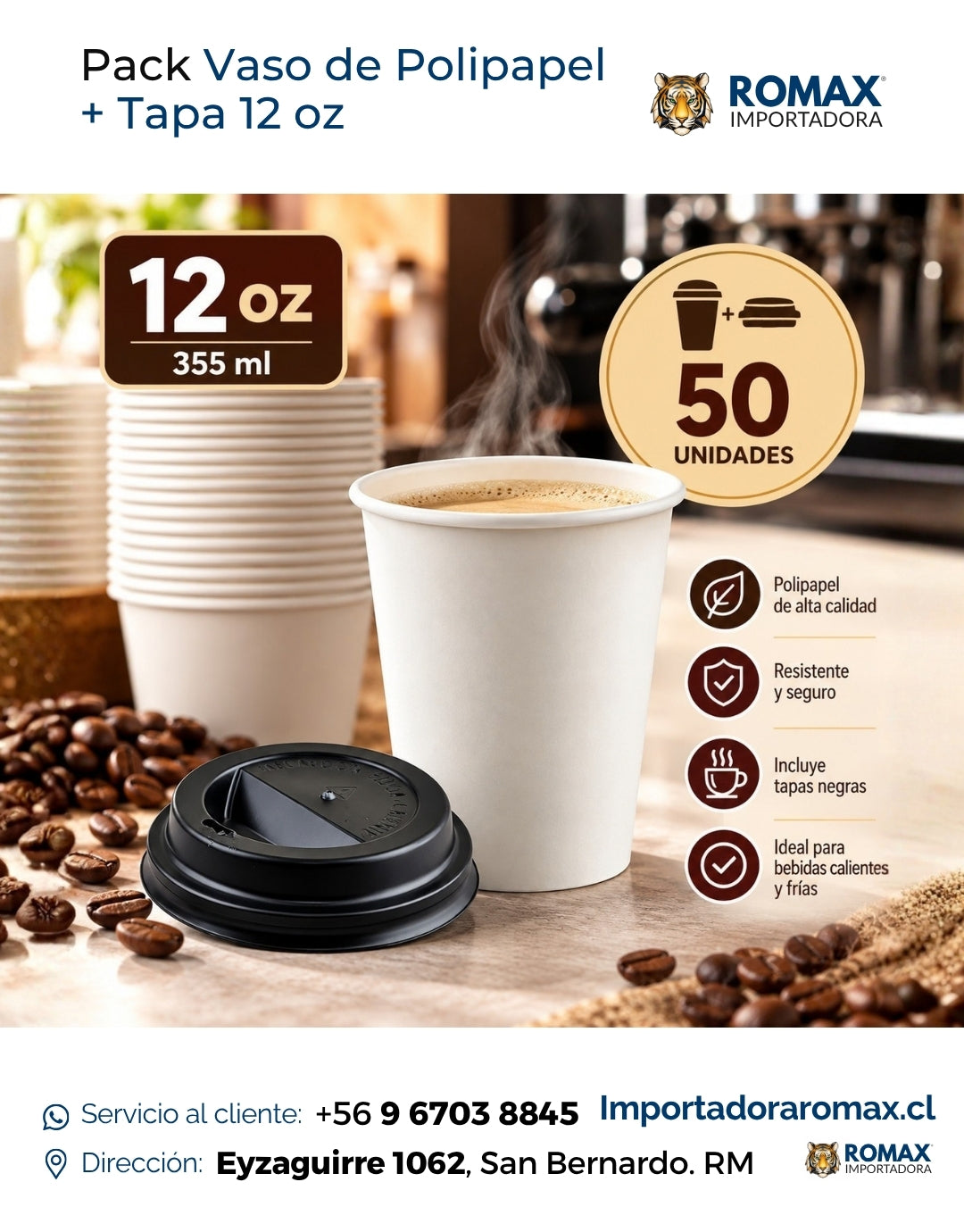 Pack Vaso de Polipapel + Tapa 12 oz | 50 Unidades
