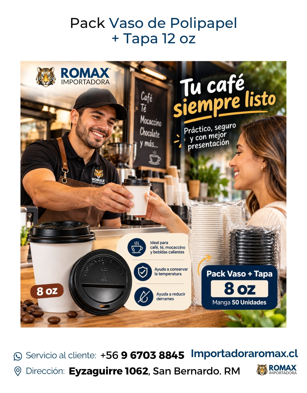 Pack Vaso de Polipapel + Tapa 8 oz | 50 Unidades