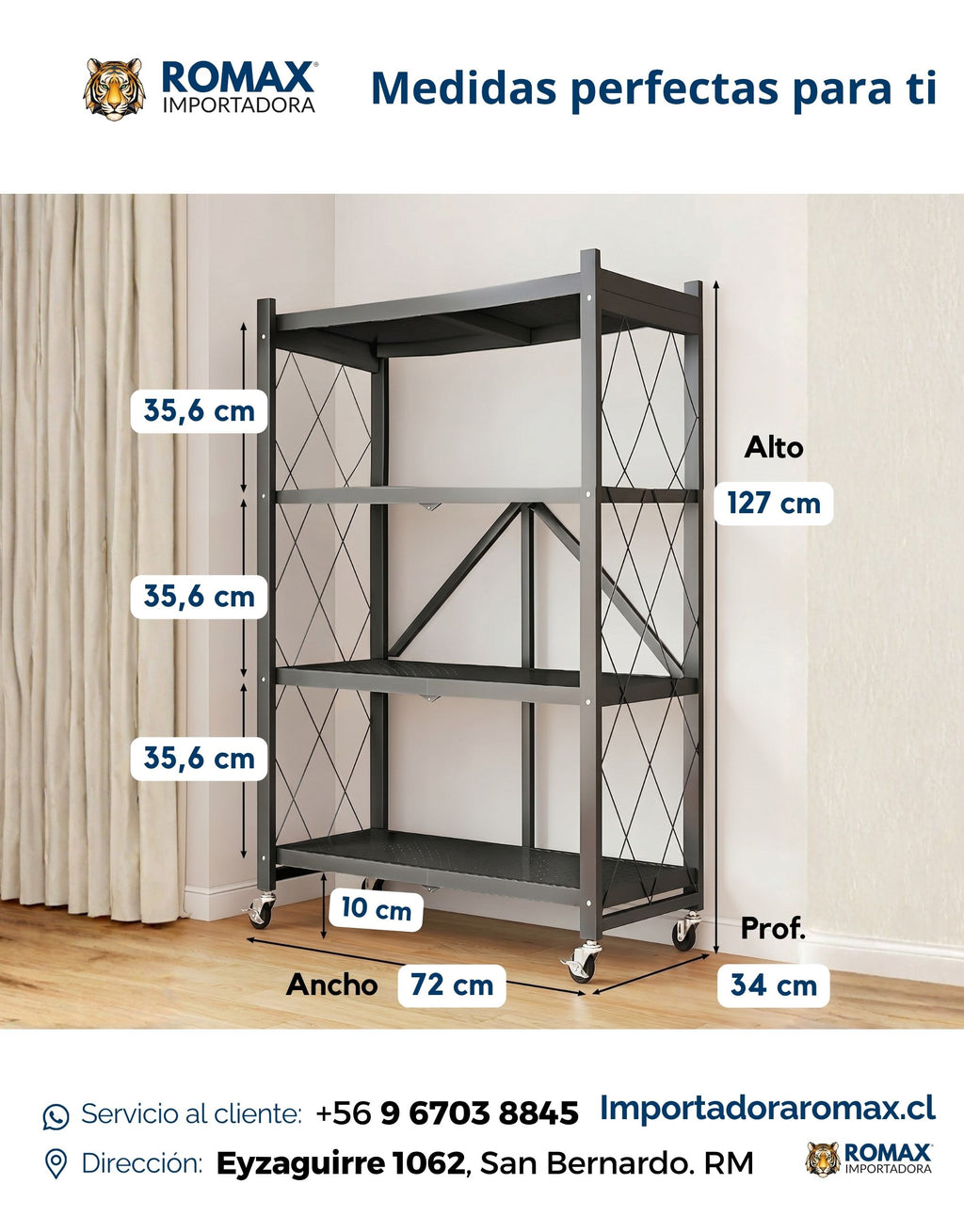 Estante Negro Plegable 127x72x34 cm | 4 niveles
