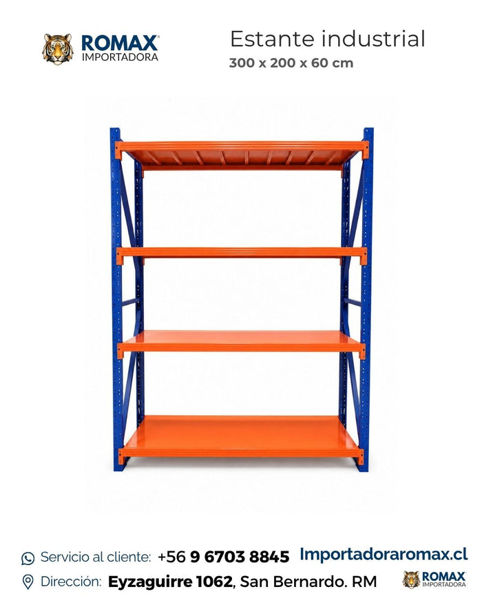Estante Rack Industrial 300x200x60 cm | 800 kg | Naranjo-Azul Heavy Duty