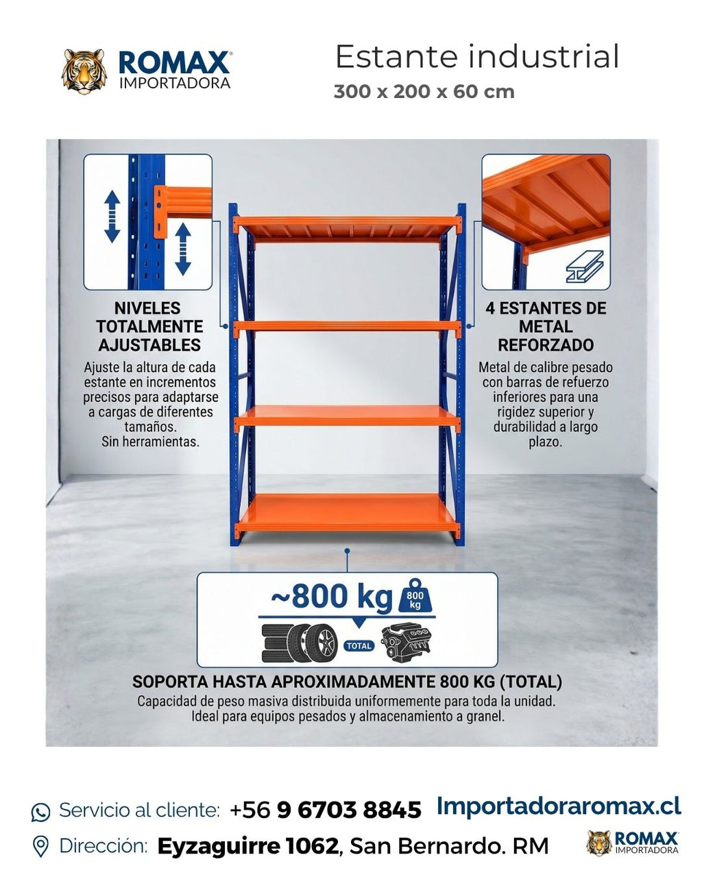 Rack Industrial Heavy Duty 300x200x60 cm Vista Frontal | Romax Chile