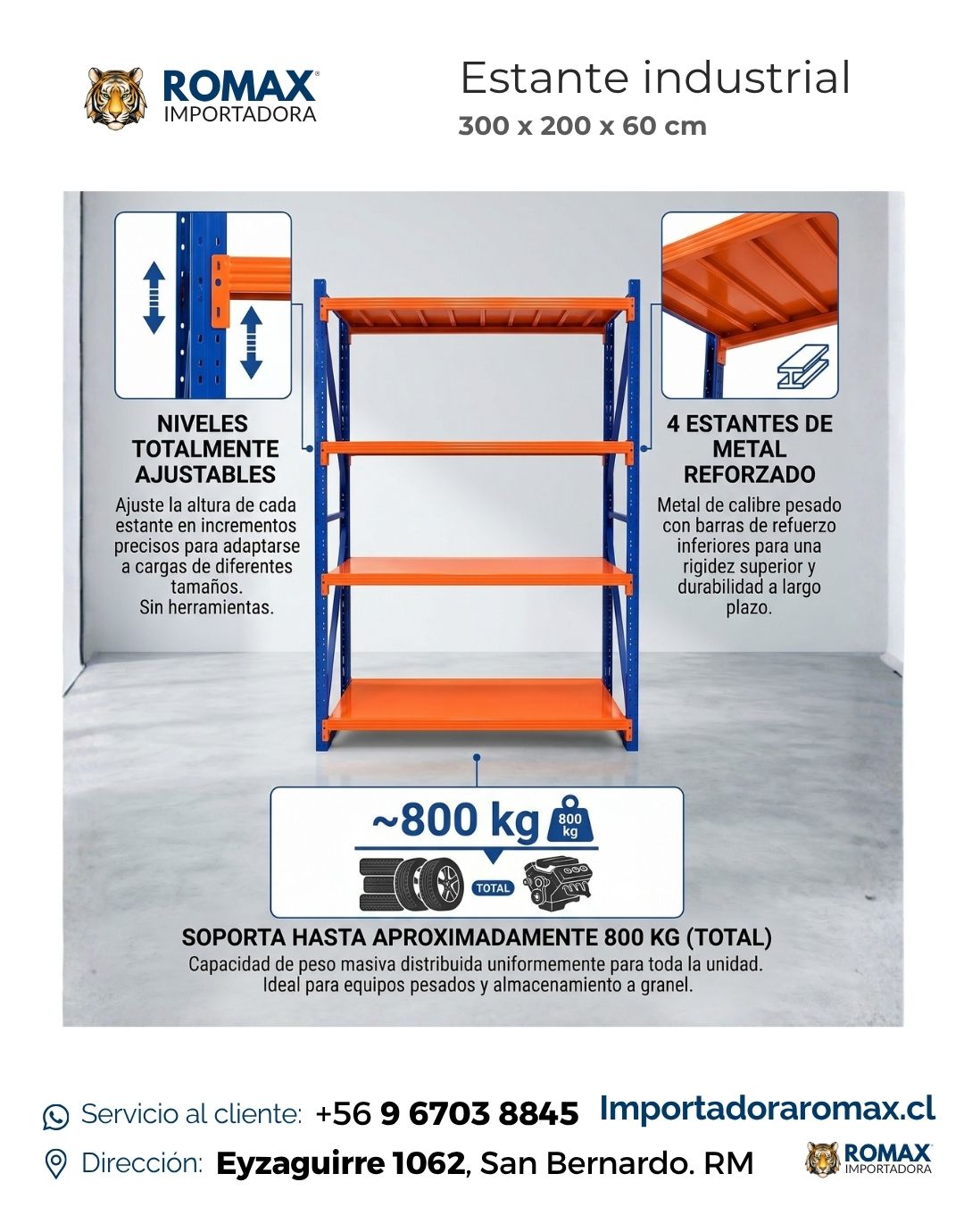 Rack Industrial Heavy Duty 300x200x60 cm Vista Frontal | Romax Chile