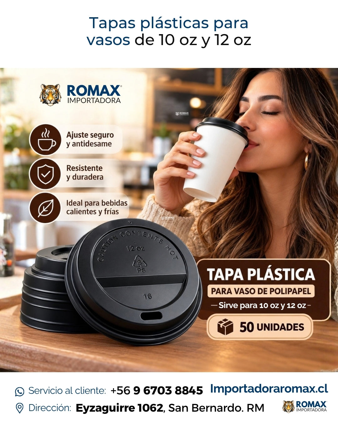 Tapa Viajera Negra PS para Vasos 10 y 12 oz | 50 Unidades