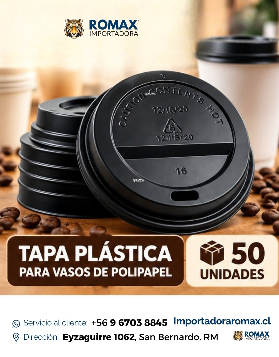 Tapa Viajera Negra PS para Vasos 10 y 12 oz | 50 Unidades