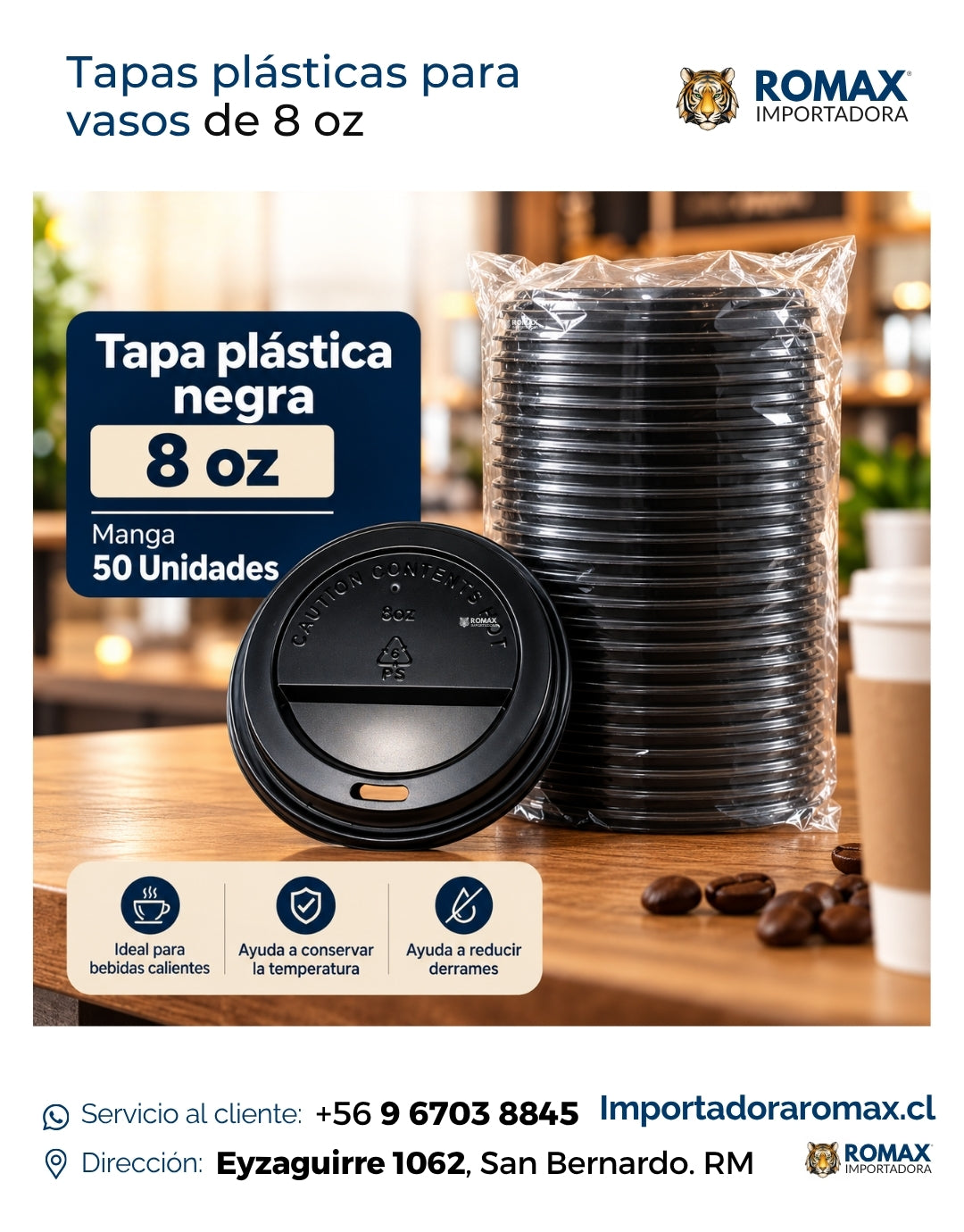 Tapa Plástica Negra para Vasos 8 oz | 50 Unidades