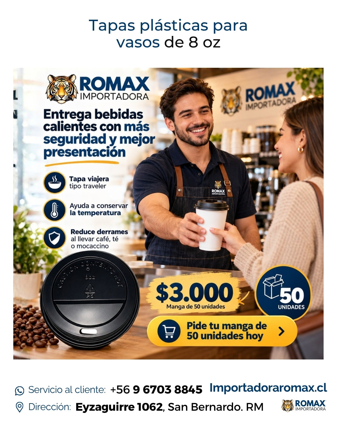 Tapa Plástica Negra para Vasos 8 oz | 50 Unidades