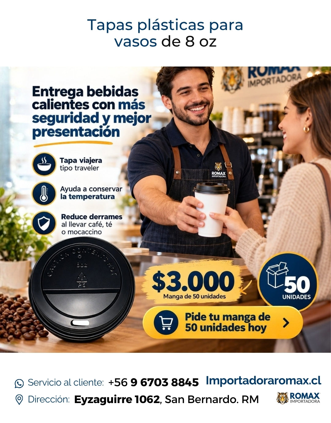 Tapa Plástica Negra para Vasos 8 oz | 50 Unidades