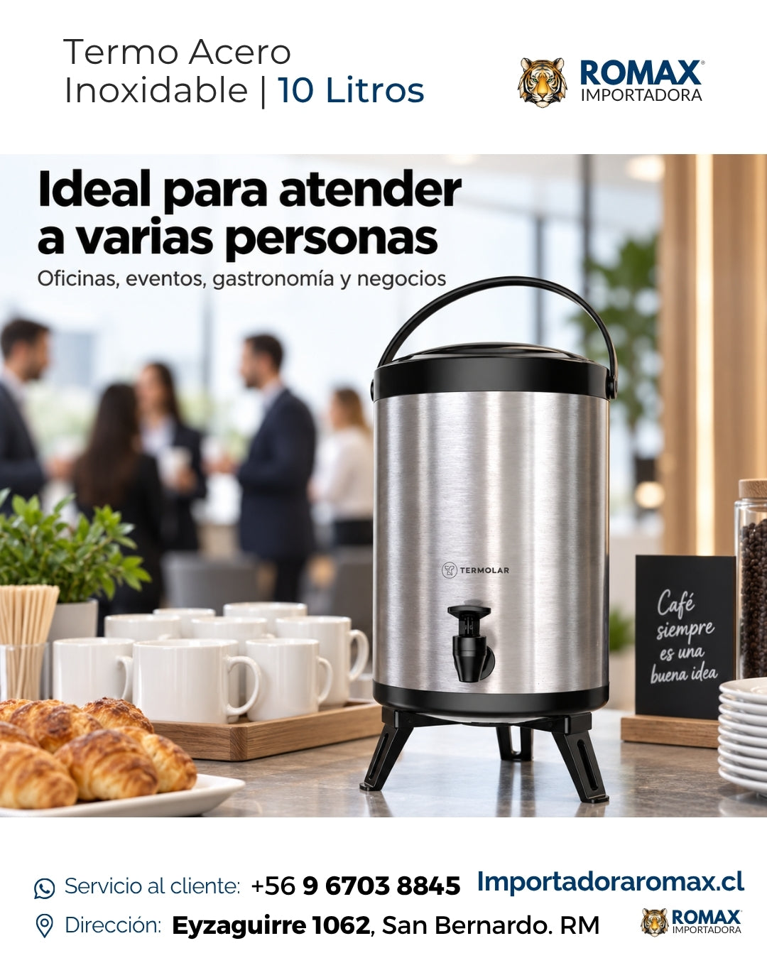Termo Dispensador 10 Litros Termolar para oficinas eventos y gastronomía – Acero inoxidable – Romax Chile