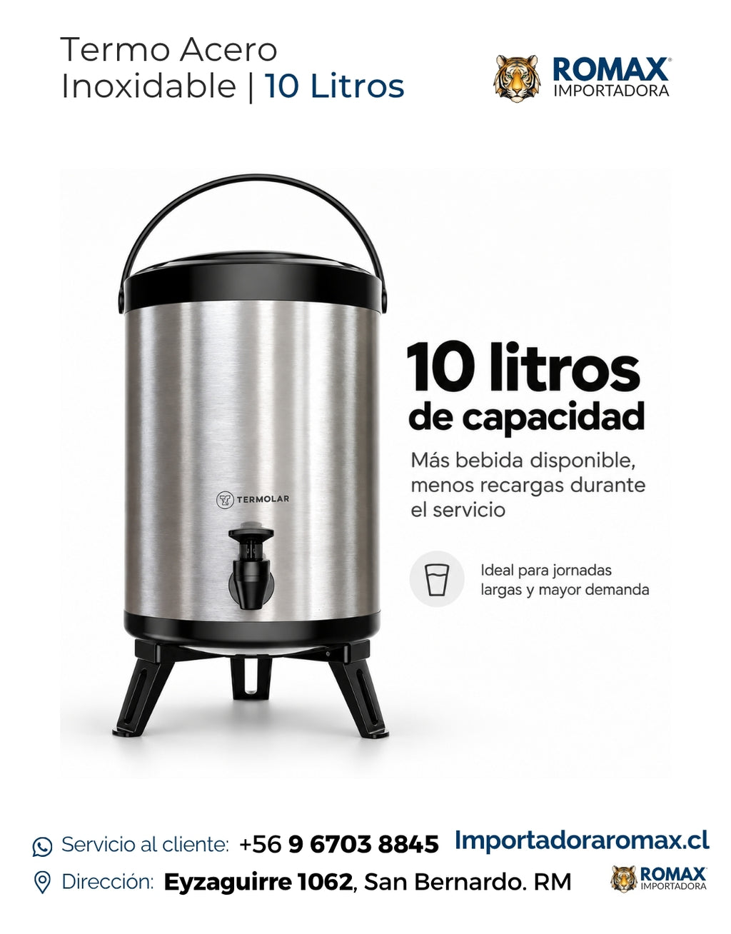 Termo Dispensador Termolar 10 Litros – Más bebida disponible, menos recargas – Ideal jornadas largas – Romax