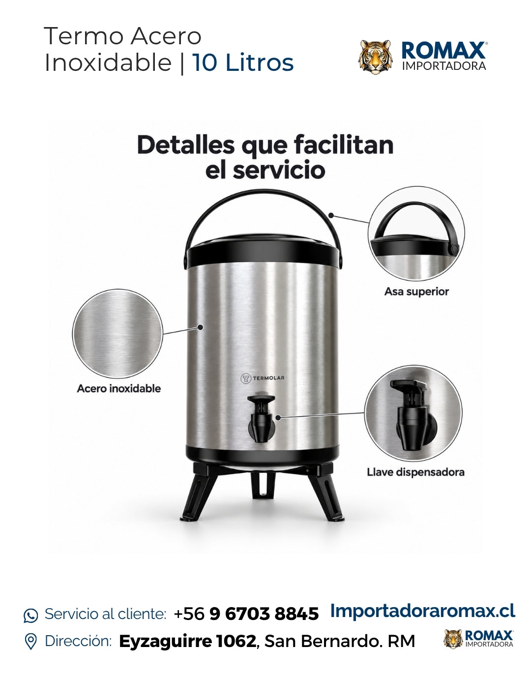 Termo Dispensador Acero Inoxidable Termolar 10L – Envío a todo Chile y retiro en San Bernardo – Importadora Romax