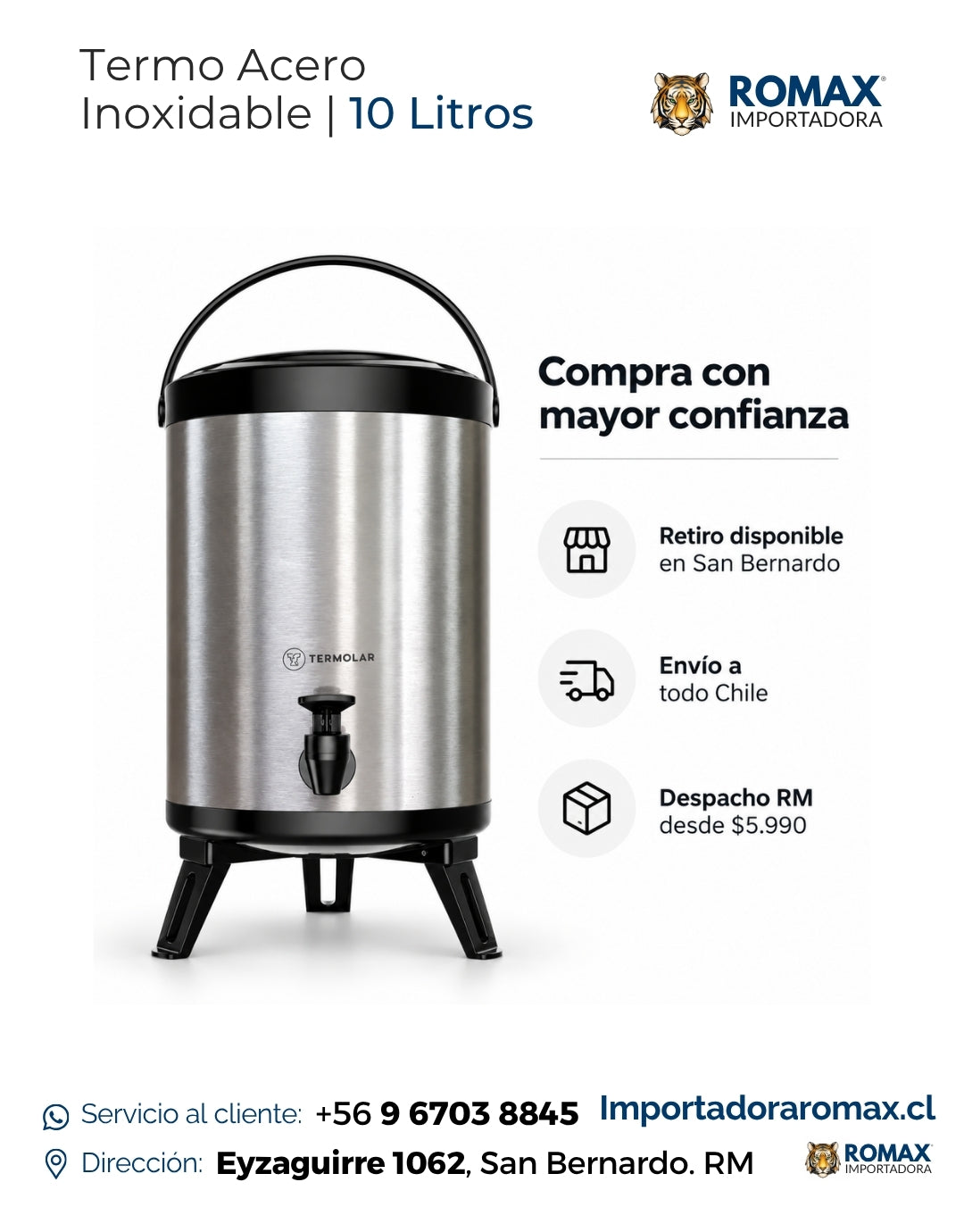 Termo Dispensador Termolar 10 Litros Acero Inoxidable – Especificaciones: capacidad 10L, uso gastronomía y eventos – Romax