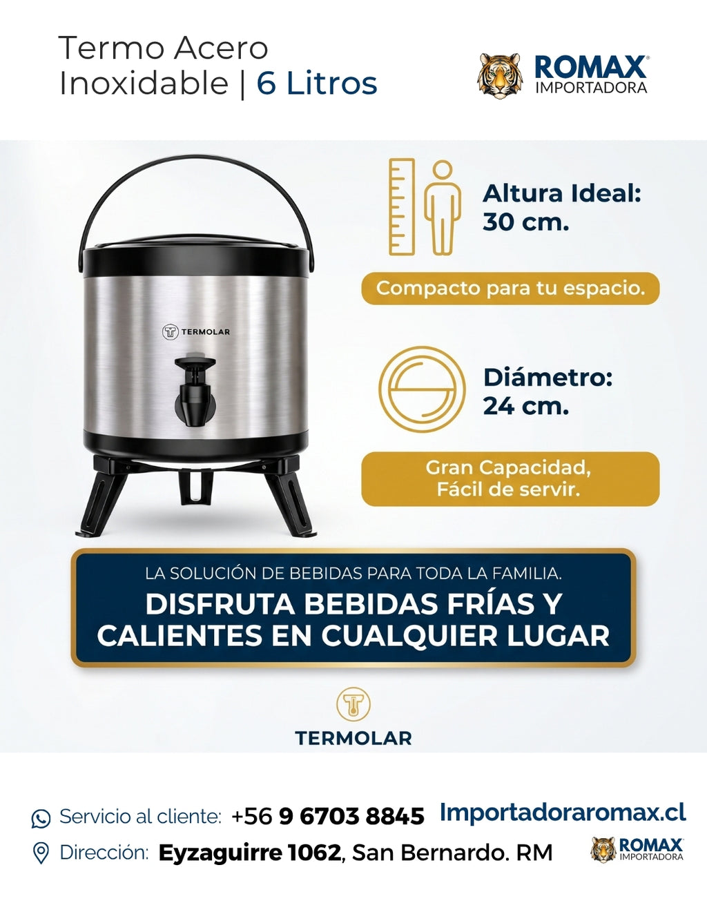 Termo dispensador bebidas frías y calientes 6L altura 52cm – Romax Chile