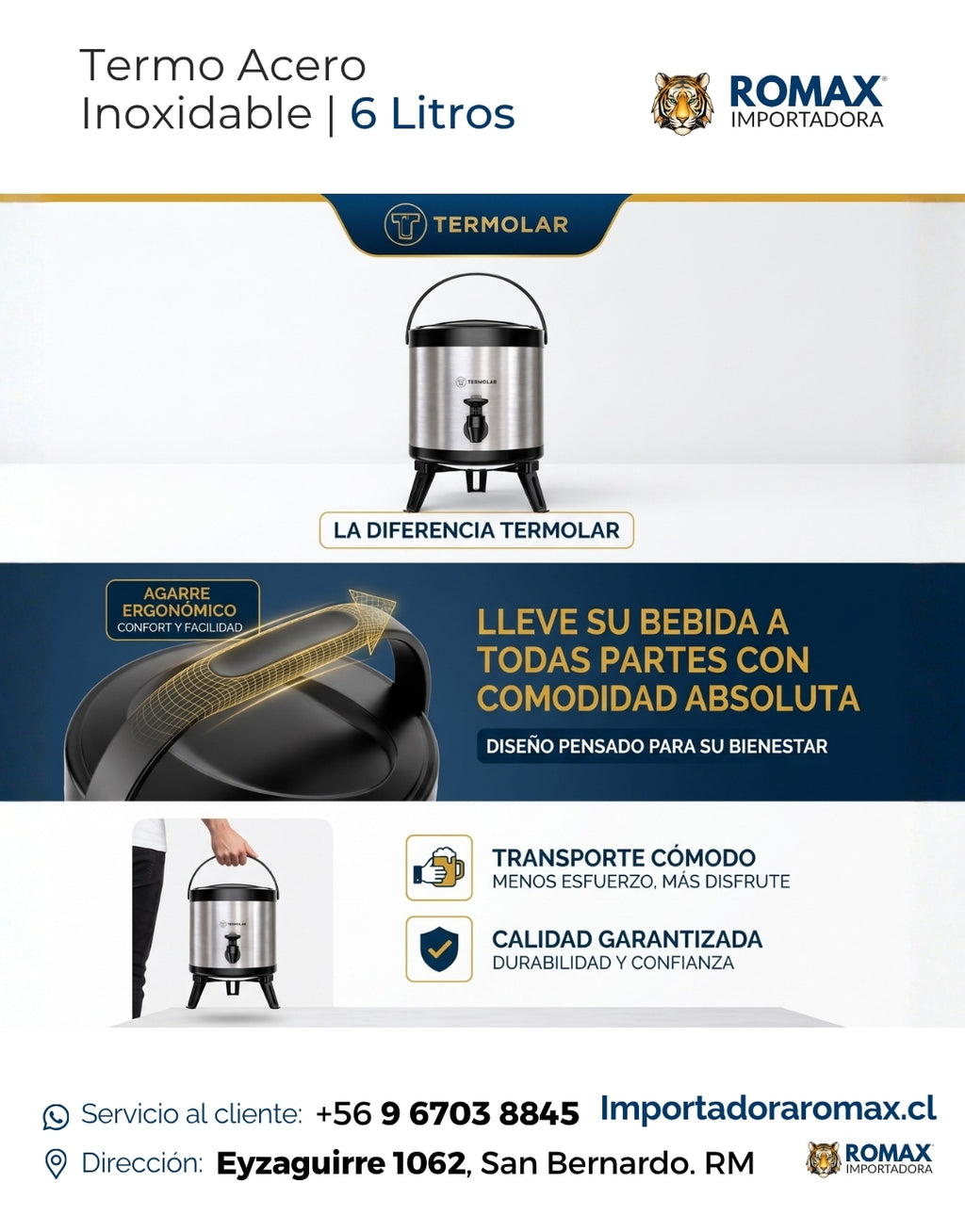 Termo acero inoxidable 6 litros uso exterior camping eventos – Romax Chile