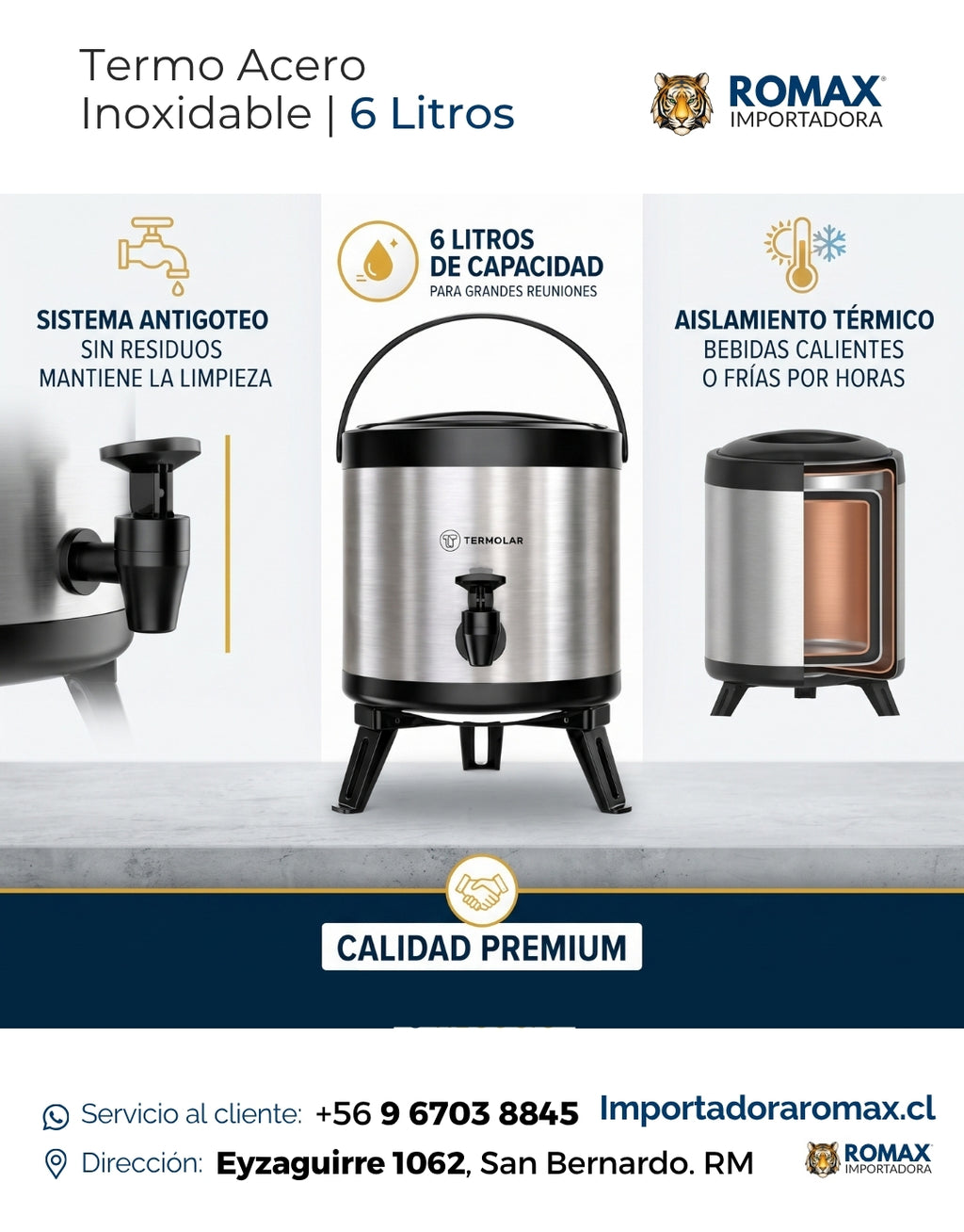 Termo dispensador 6 litros acero inoxidable colores disponibles – Romax Chile