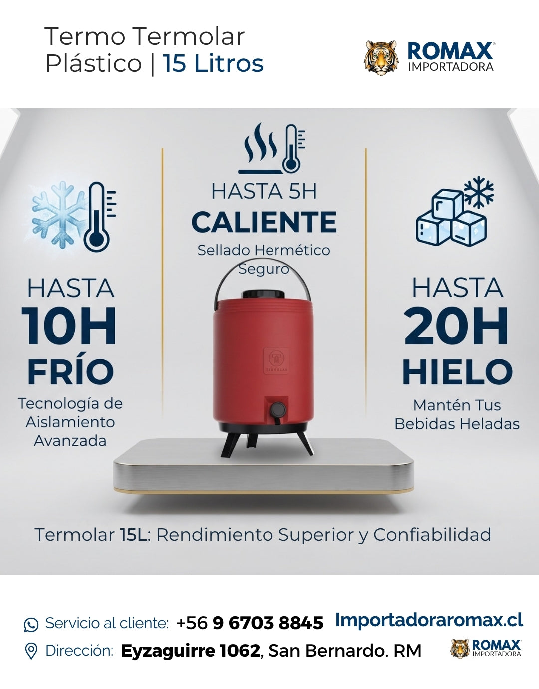 Termo Termolar 15L Aislamiento PU PP Frío 24h Calor 12h | Romax Chile