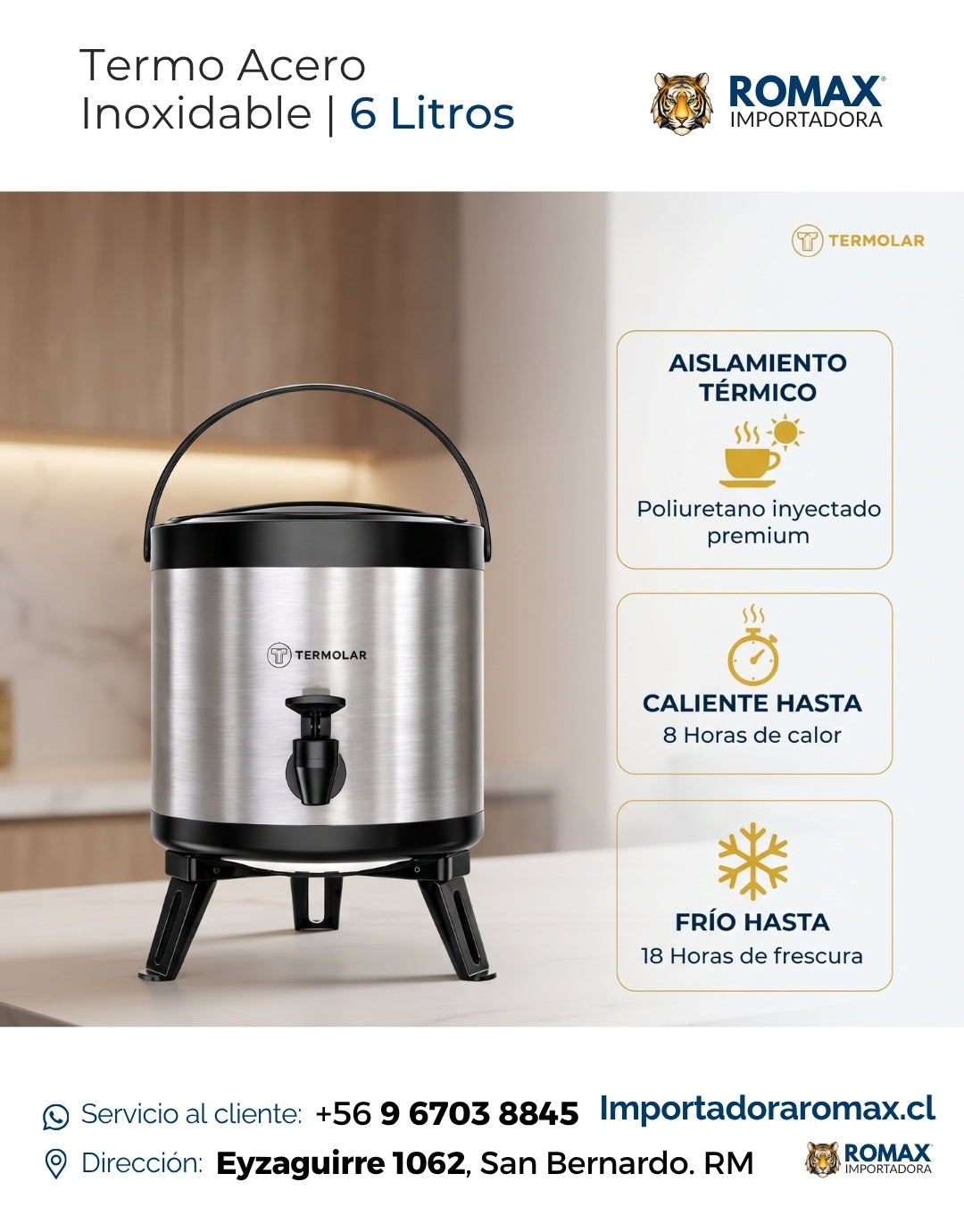 Termo acero inoxidable 6L características calentamiento doble pared – Romax Chile