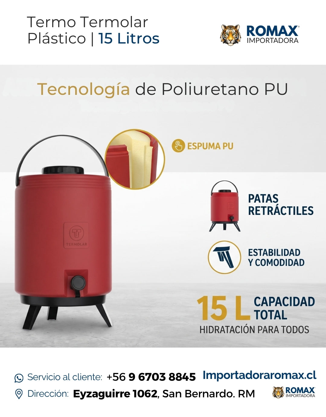 Termo Termolar 15 Litros Pies Retráctiles Sirve Sin Levantar Eventos | Romax Chile