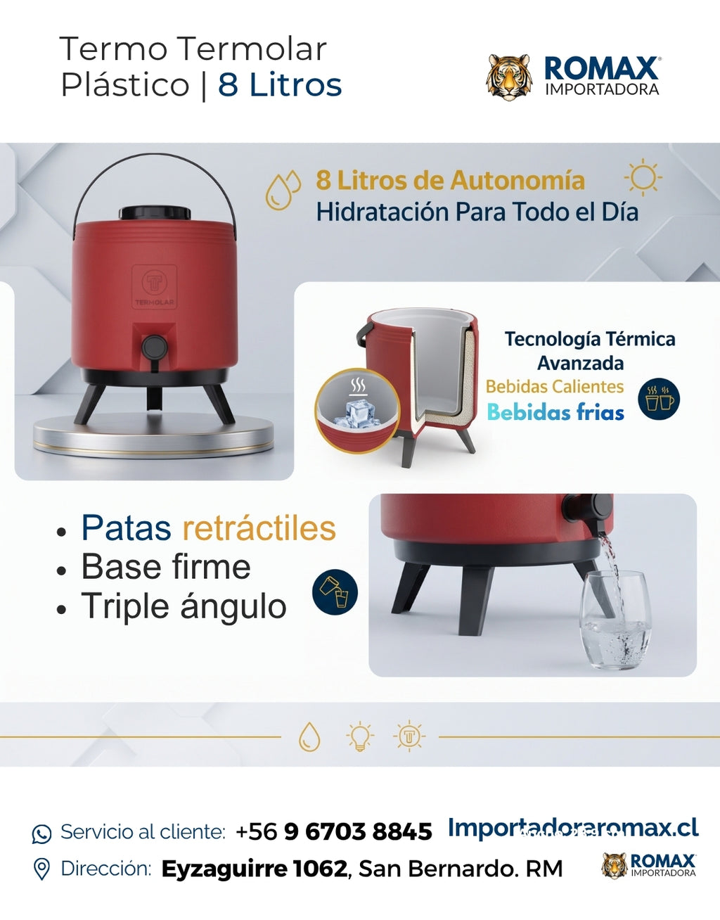 Termo Termolar 8L Aislamiento Térmico PU PP Frío y Calor | Romax Chile