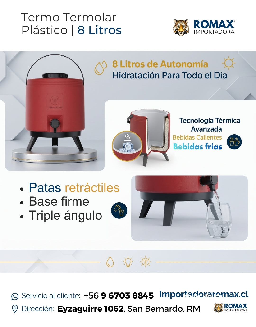 Termo Termolar 8L Aislamiento Térmico PU PP Frío y Calor | Romax Chile