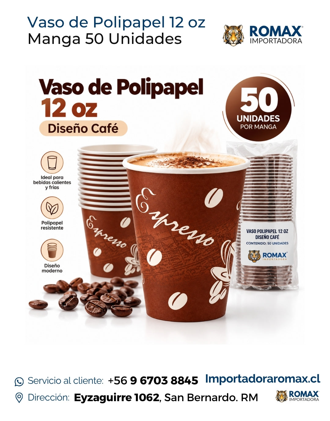 Vaso de Polipapel Diseño Café 12 oz | Manga 50 Unidades