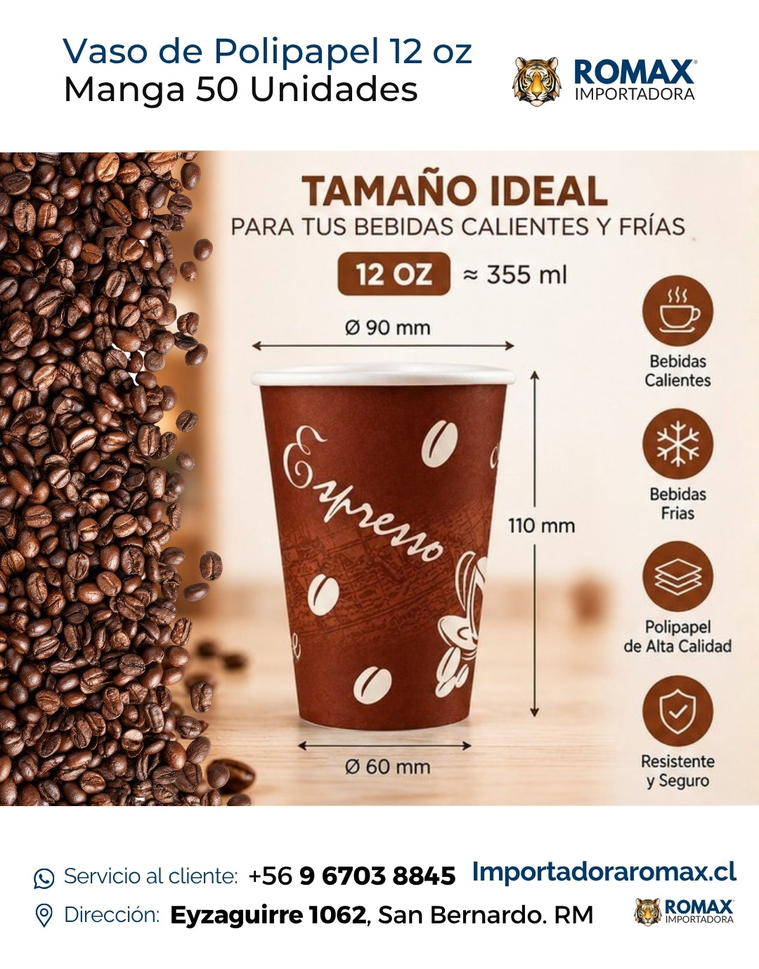 Vaso de Polipapel Diseño Café 12 oz | Manga 50 Unidades